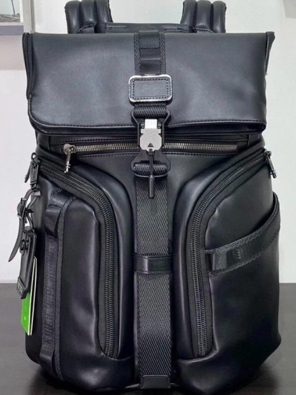 Tumi Black Men's Leather-Style Backpack with Front Pockets